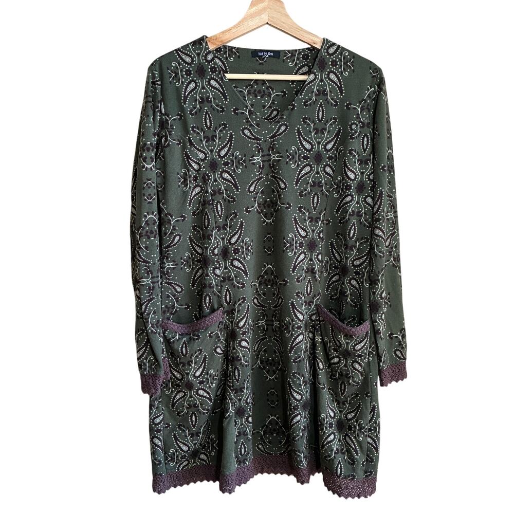 Yak & Yeti forest green paisley vintage dress front pockets v-neck women's large